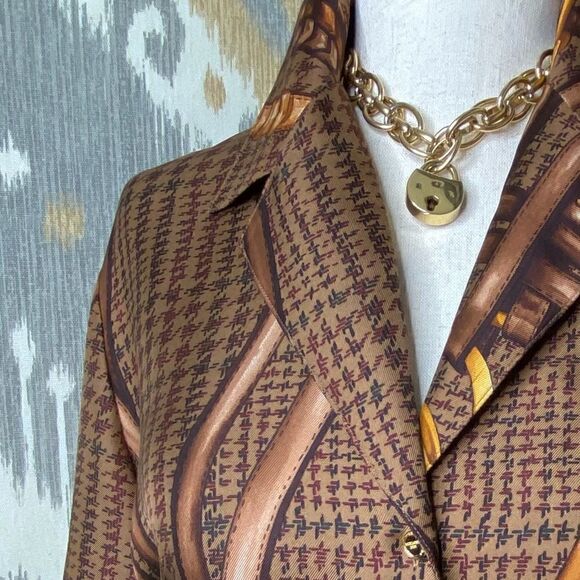 Ralph Lauren Brown Multi Glen Plaid Equestrian Elegance Silk Print Blouse - Picture 14 of 16